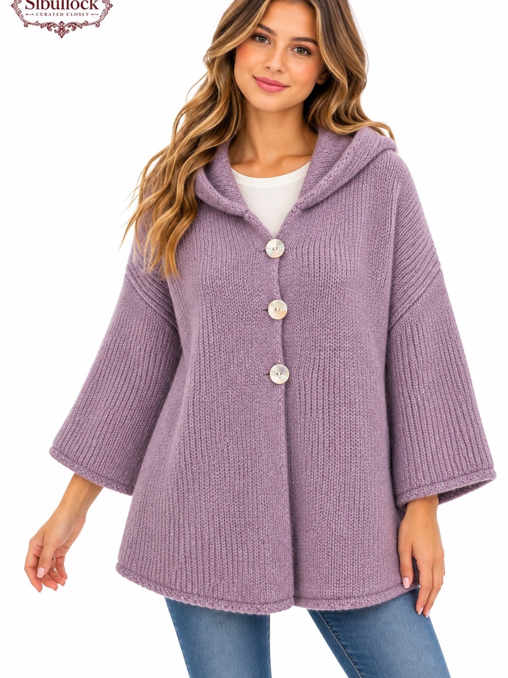 P15 Soft Surroundings XL Purple Hooded Oversized Cardigan Mother of Pearl Button